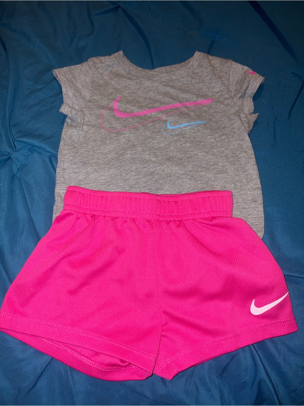 Nike Grey Tee with Hot Pink & Light Blue Swooshes + Bright Pink Shorts
